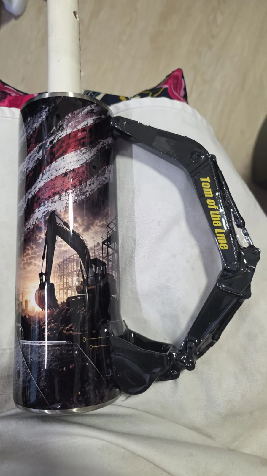 Custom industrial themed tumbler with sculpted black handle