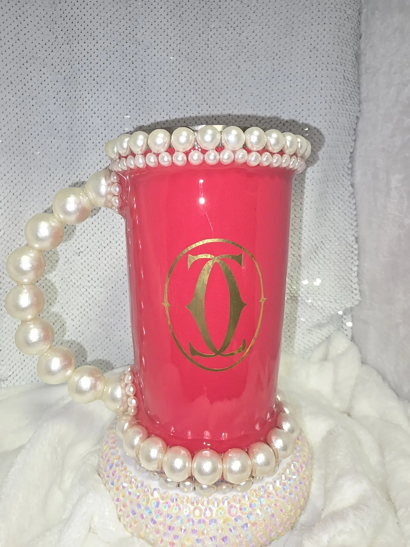 Pink custom tumbler with pearl handle and pearl trim