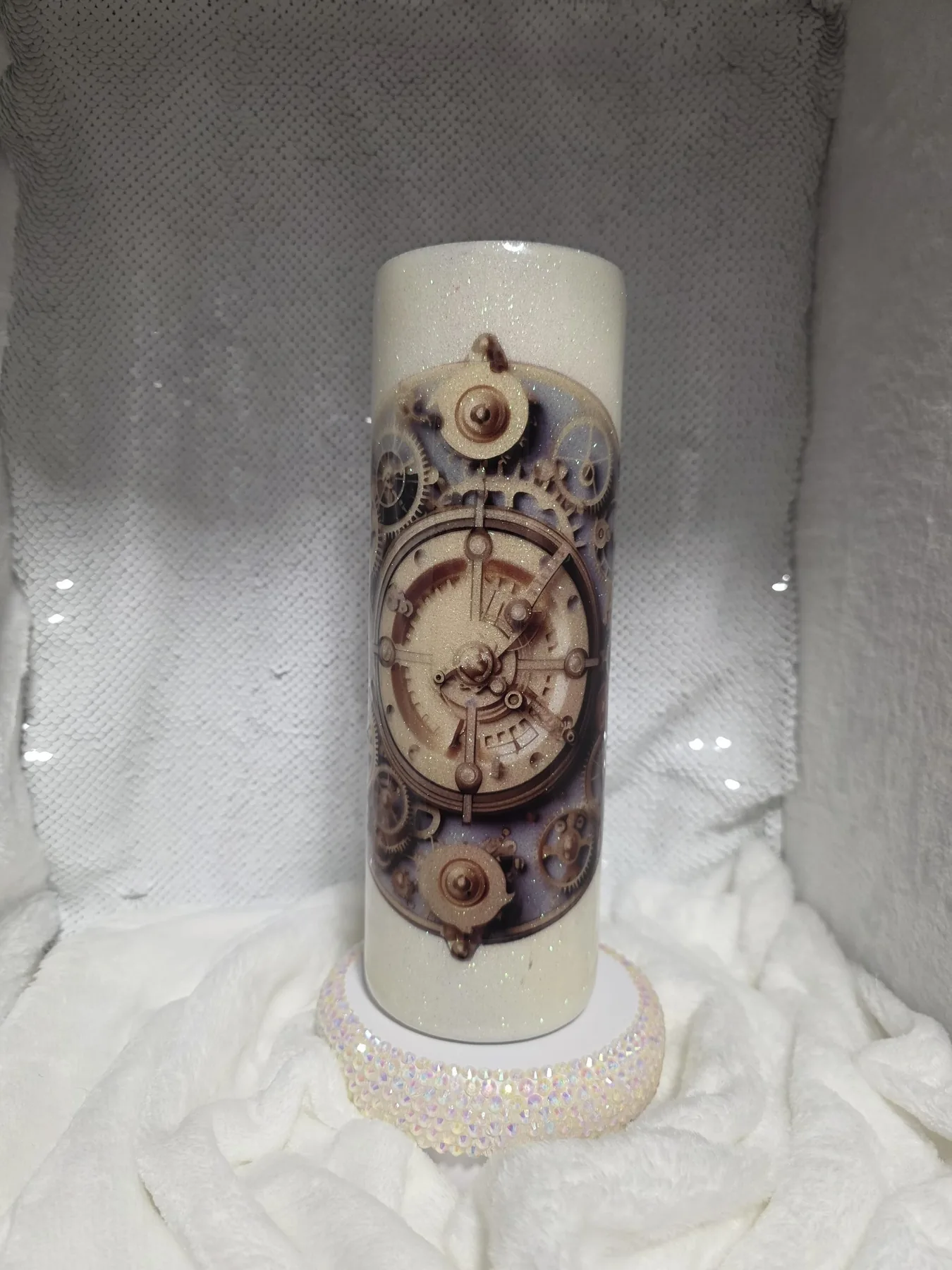 White glitter tumbler with dimensional clock and gear design