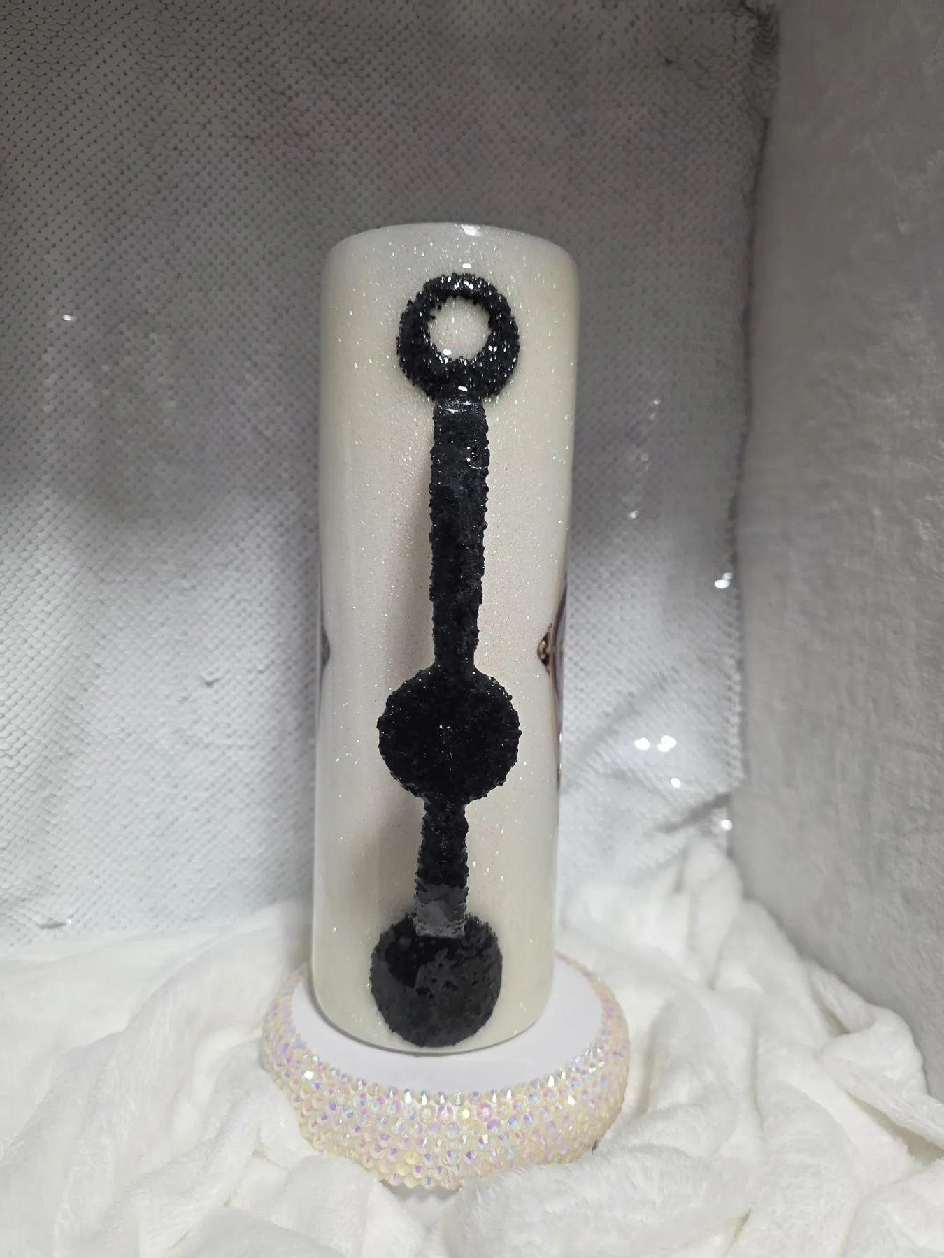 Side view showing the sculpted black handle on the steampunk tumbler